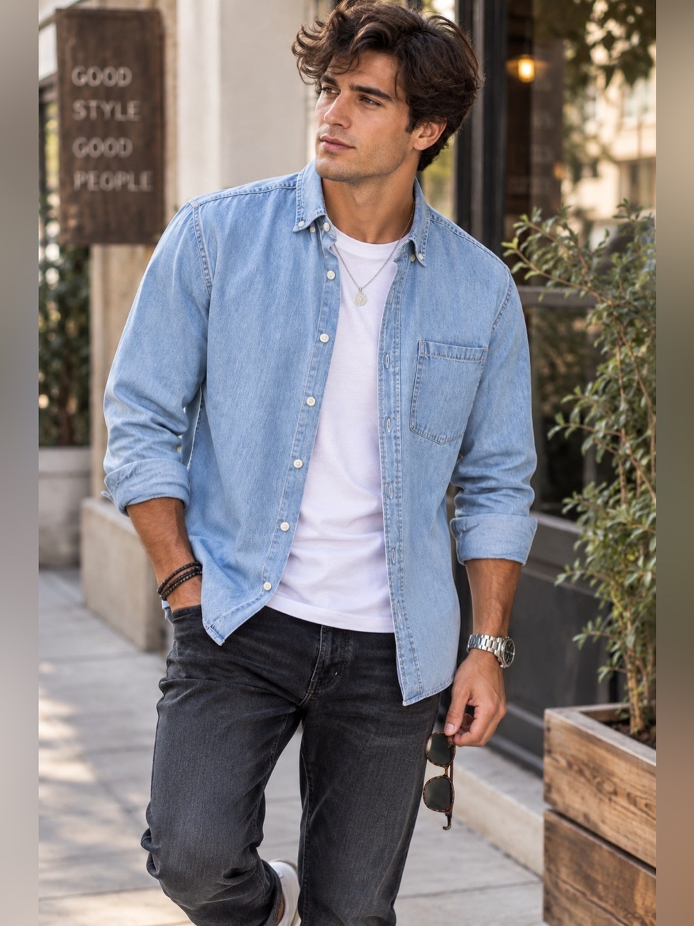 Superdry Men’s Large Light Wash Denim Chambray Button Down Shirt 100% Cotton.